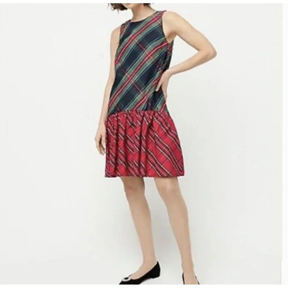 J Crew AF434 Size 4 Sleeveless Taffeta Dress Mixed Tartan Plaid Back Bow Holiday